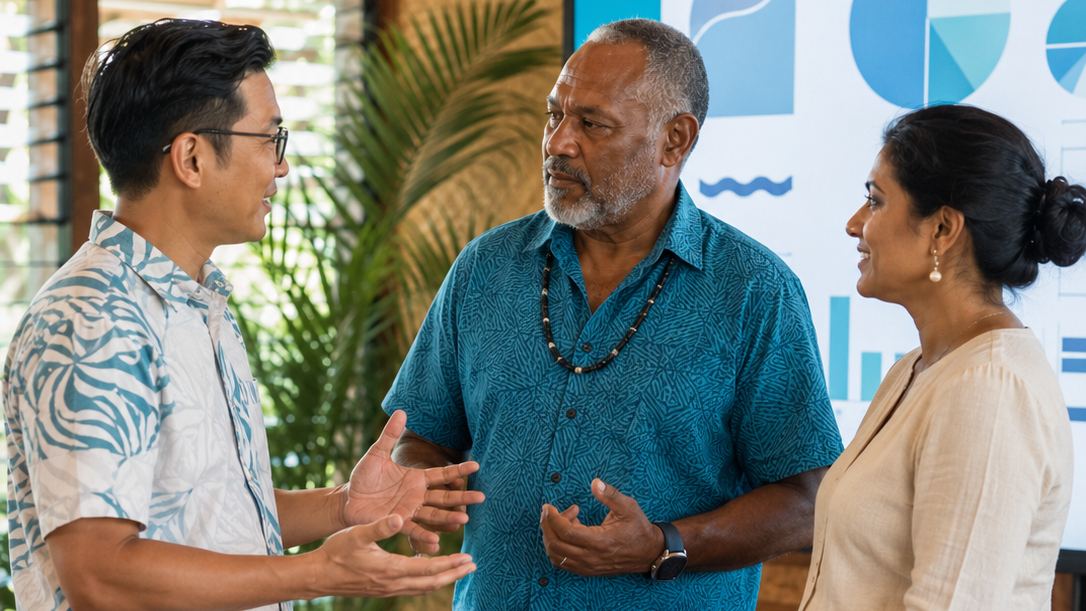 Three colleagues in discussion beside a screen of regulatory charts in a Pacific meeting room.