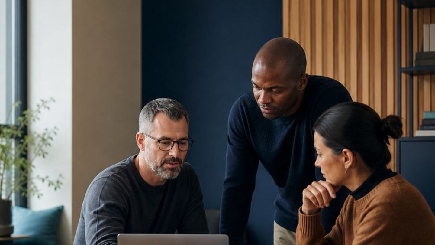 Colleagues working together at a shared desk.